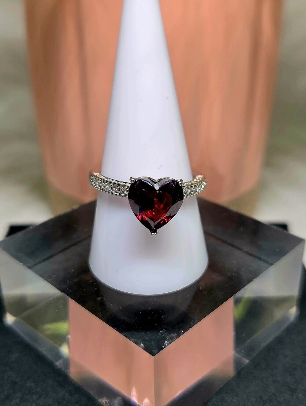 Heart-Shaped Garnet Ring in Silver Tone